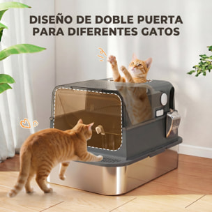 Arenero para Gatos de Acero Inoxidable XXL, Caja de Arena para Gatos Grandes, Arenero con Tapa Abatible, Laterales Altos, Entrada Superior, Pala, sin Olores, Fácil de Limpiar, Antifugas, Negro