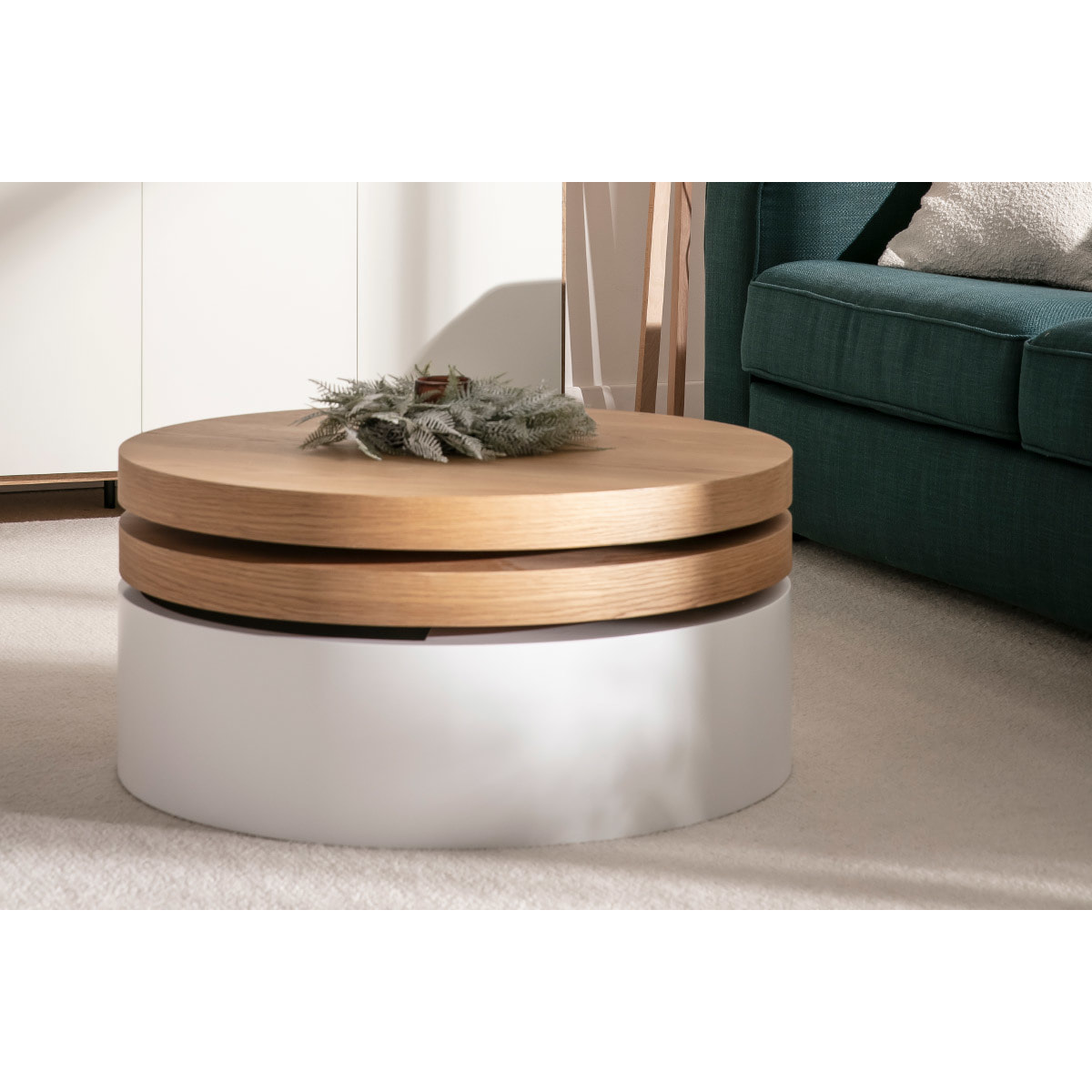 Table basse ronde avec plateaux pivotants et rangement blanc et bois clair chêne D80 cm ICON