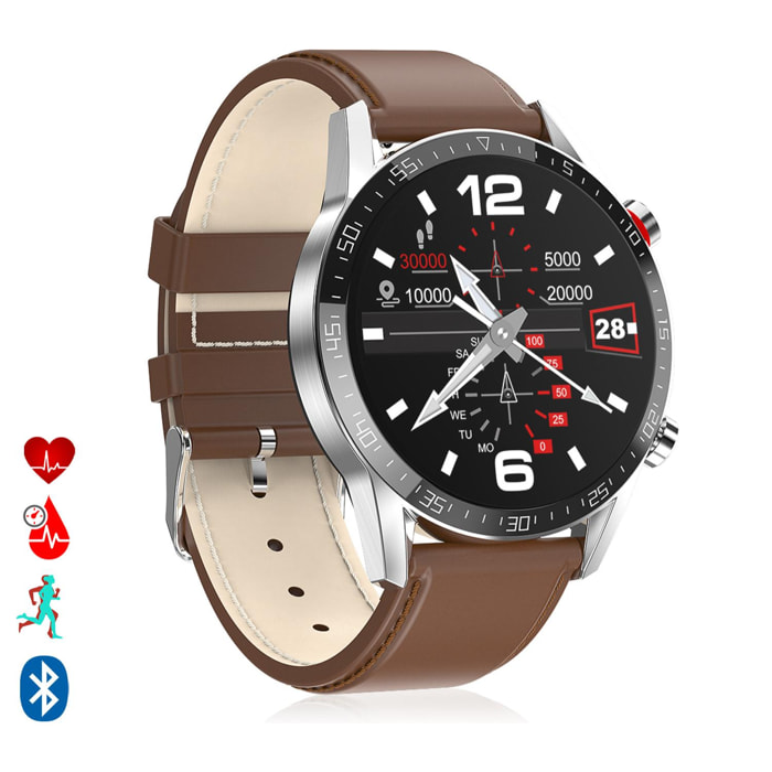 Smartwatch L13 pulsera de cuero sintético con modo multideportivo, monitor cardiaco, tensión y O2 en sangre