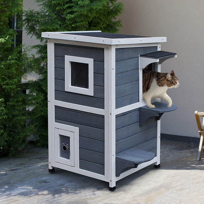 Caseta para Gatos de Madera Exterior Casa para Gatos de 2 Pisos con Techo Abrible Ventanas y 2 Plataformas para Terraza Balcón Jardín 51x51x81,3 cm Gris