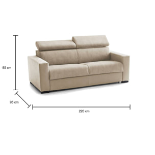 Divano Letto Aiko, Divano a 3 posti, 100% Made in Italy, Sofà Soggiorno con apertura girevole, con poggiatesta regolabili e Braccioli standard, Cm 220x95h85, Beige