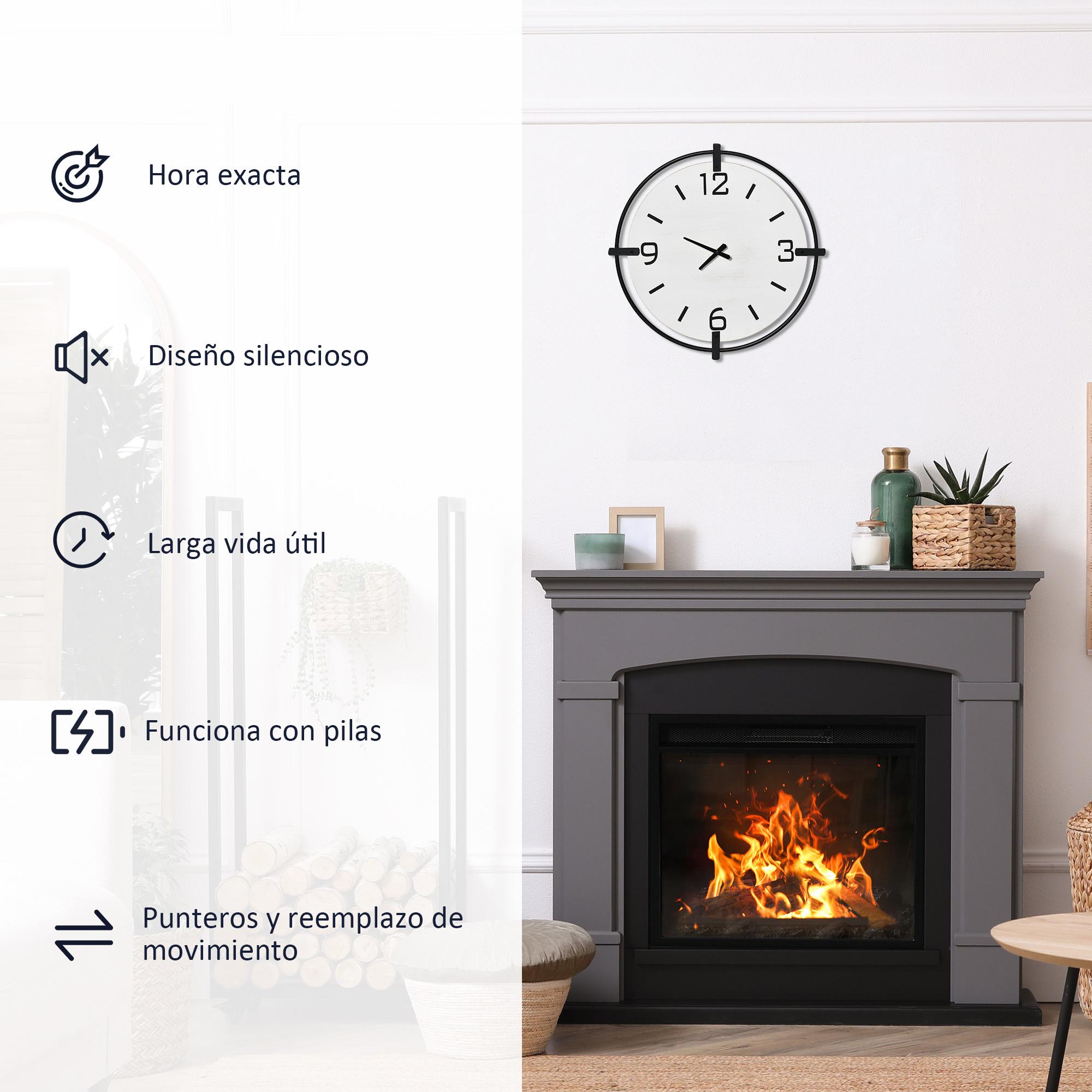 HOMCOM Reloj de Pared Silencioso de Ø40 cm Reloj de Pared de Metal y Madera con Funciona con Pilas sin Tictac Estilo Moderno Decoración para Salón Dormitorio Oficina Blanco