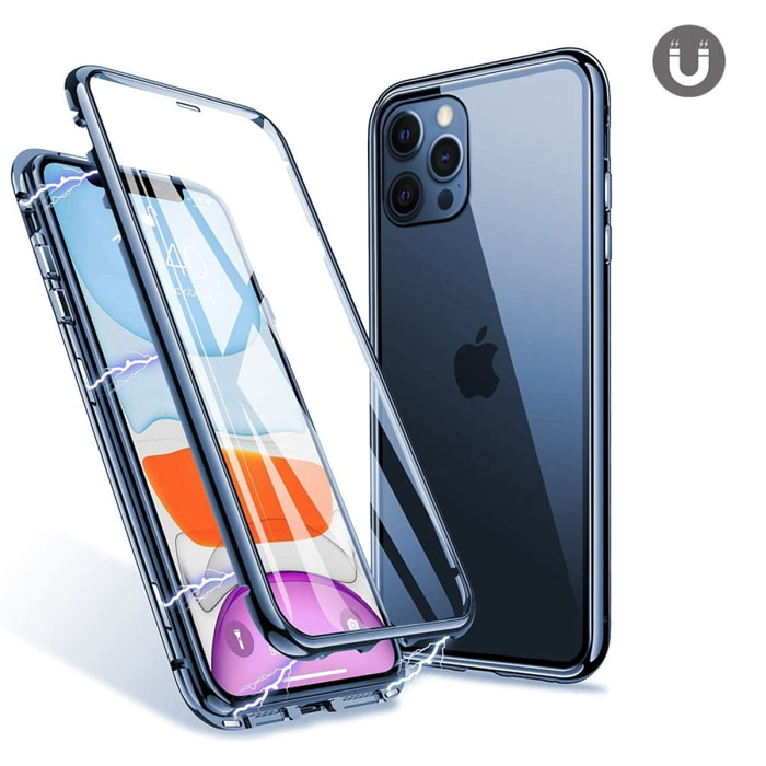 Coque iPhone 12 Pro Max 360 intégrale aimanté Bleu pacifique et transparente