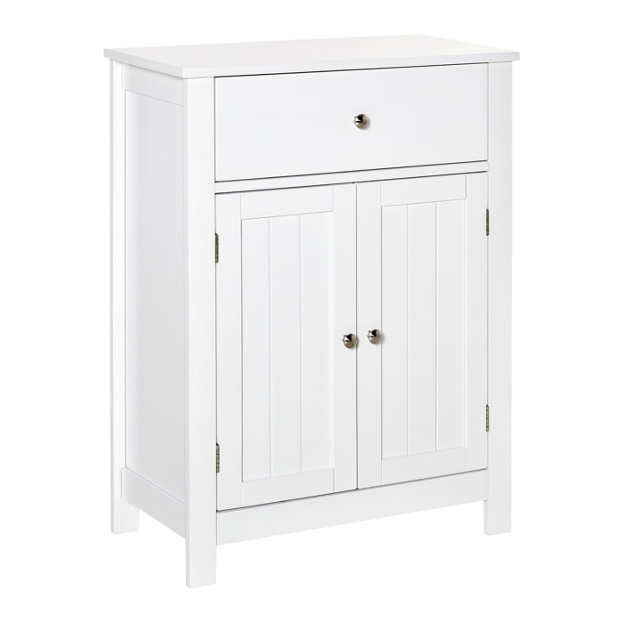 kleankin Armario de Baño con 1 Cajón 2 Puertas y Estante Interior Ajustable Mueble Auxiliar de Almacenaje Multifuncional para Salón Cocina Antivuelco 60x30x80 cm Blanco