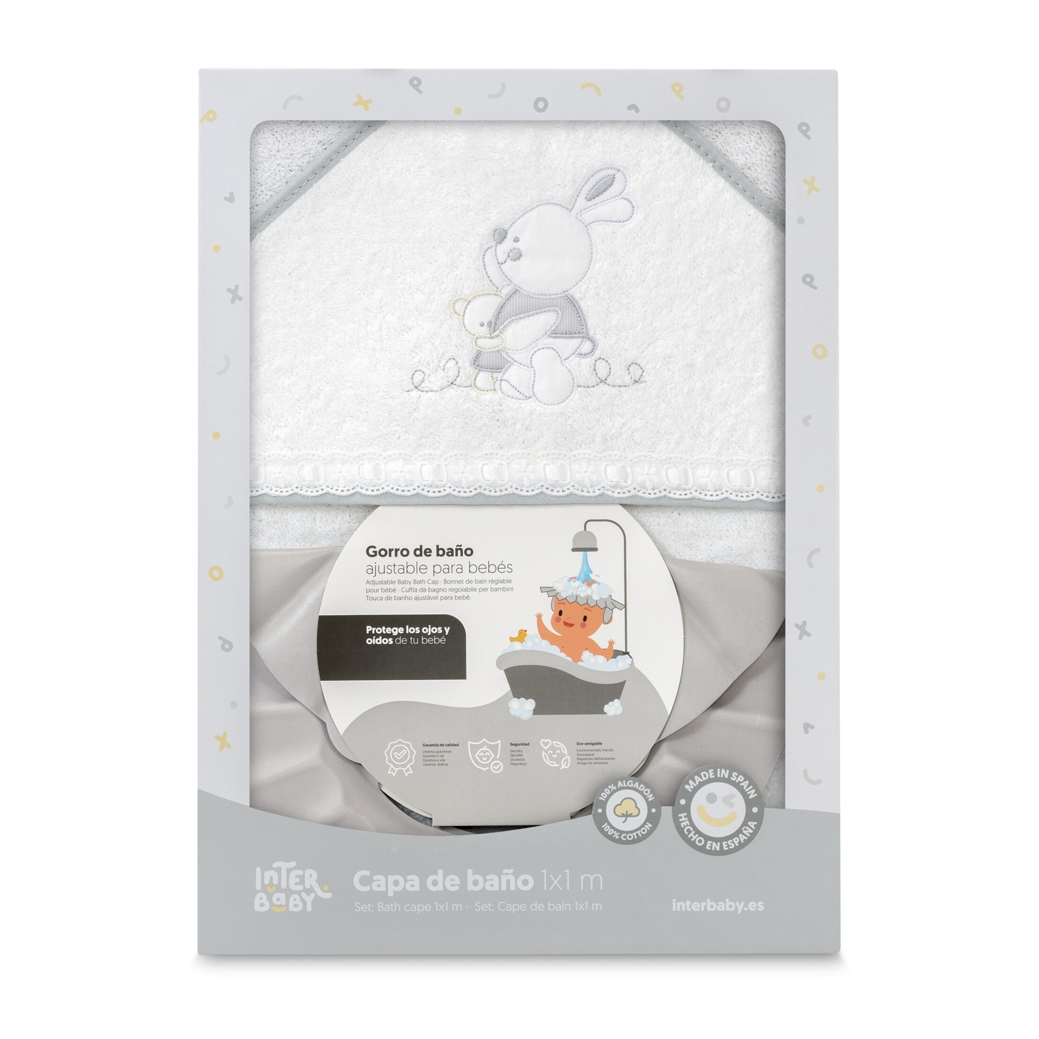 Capa Baño 1X1 Mod Conejitos Abrazos Pasacinta + Gorro Bco/Gris