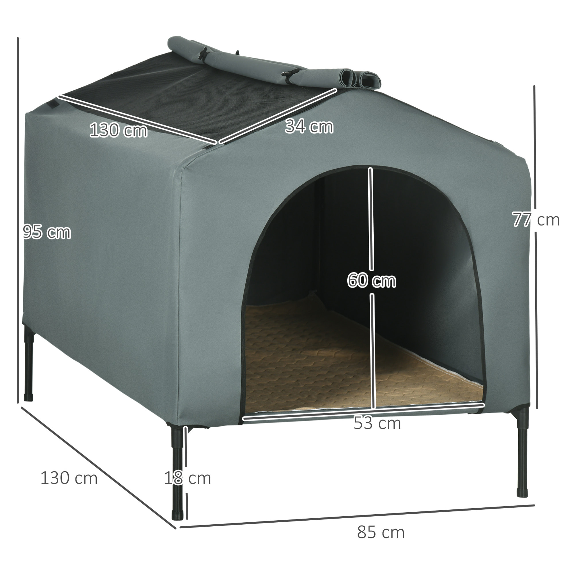 Caseta para Perros con Cubierta Exterior 130x85x95 cm Cama Elevada para Mascotas con Cojín y Ventanas de Malla Enrollable para Perros Grandes Gris