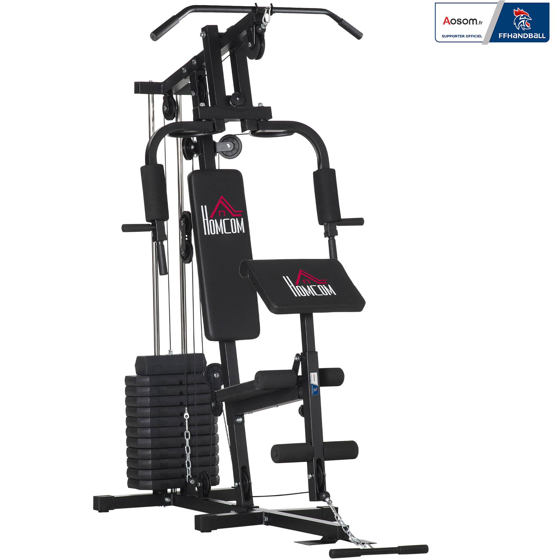 Station de musculation - entrainement complet - développé couché, butterfly, barre latissimus, curler, bande résistance - 12 contrepoids - acier noir