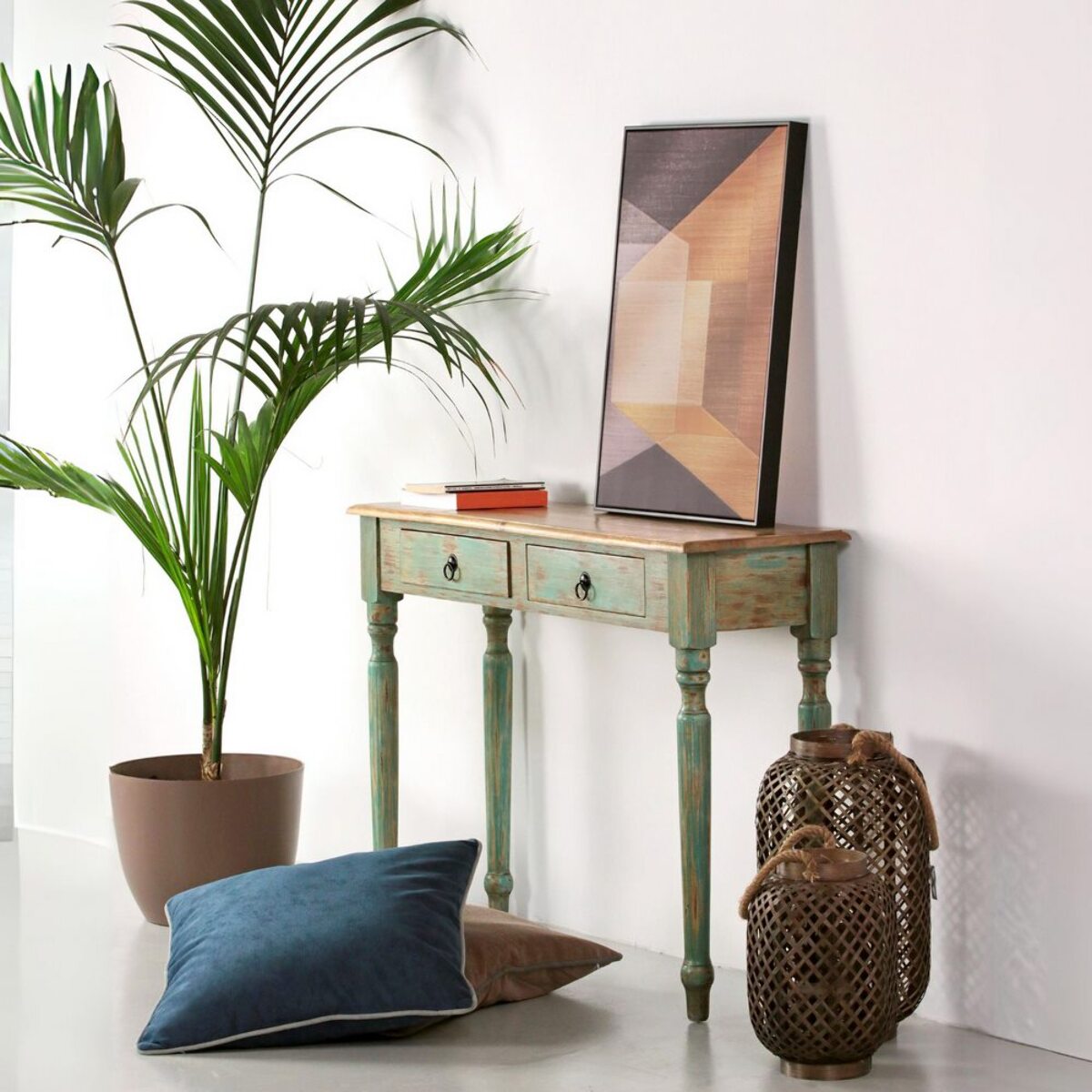 Consolle in mango con finitira azzurra 110x35x72 cm