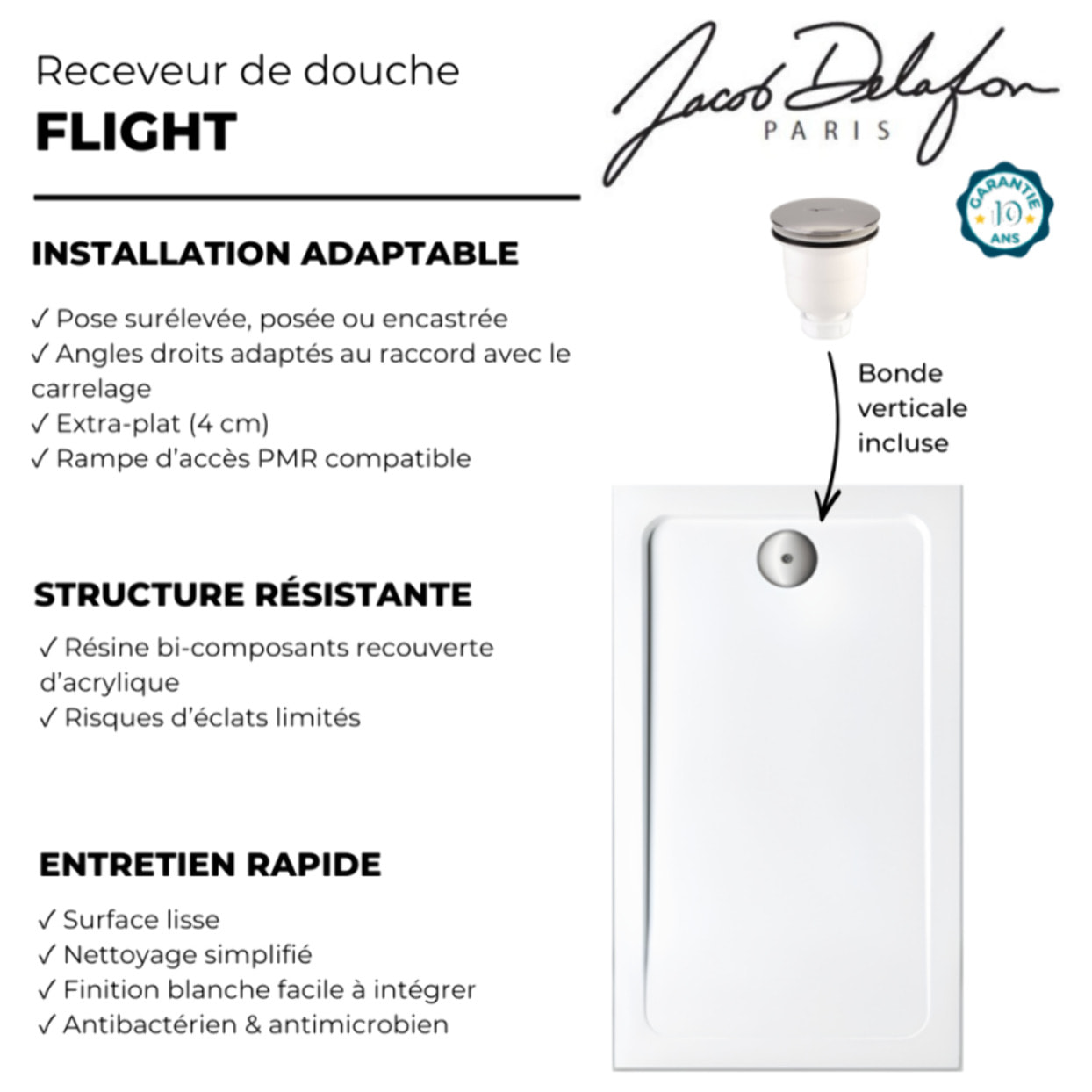 Receveur de douche 90 x 76 cm Flight rectangle blanc avec bonde verticale chromé