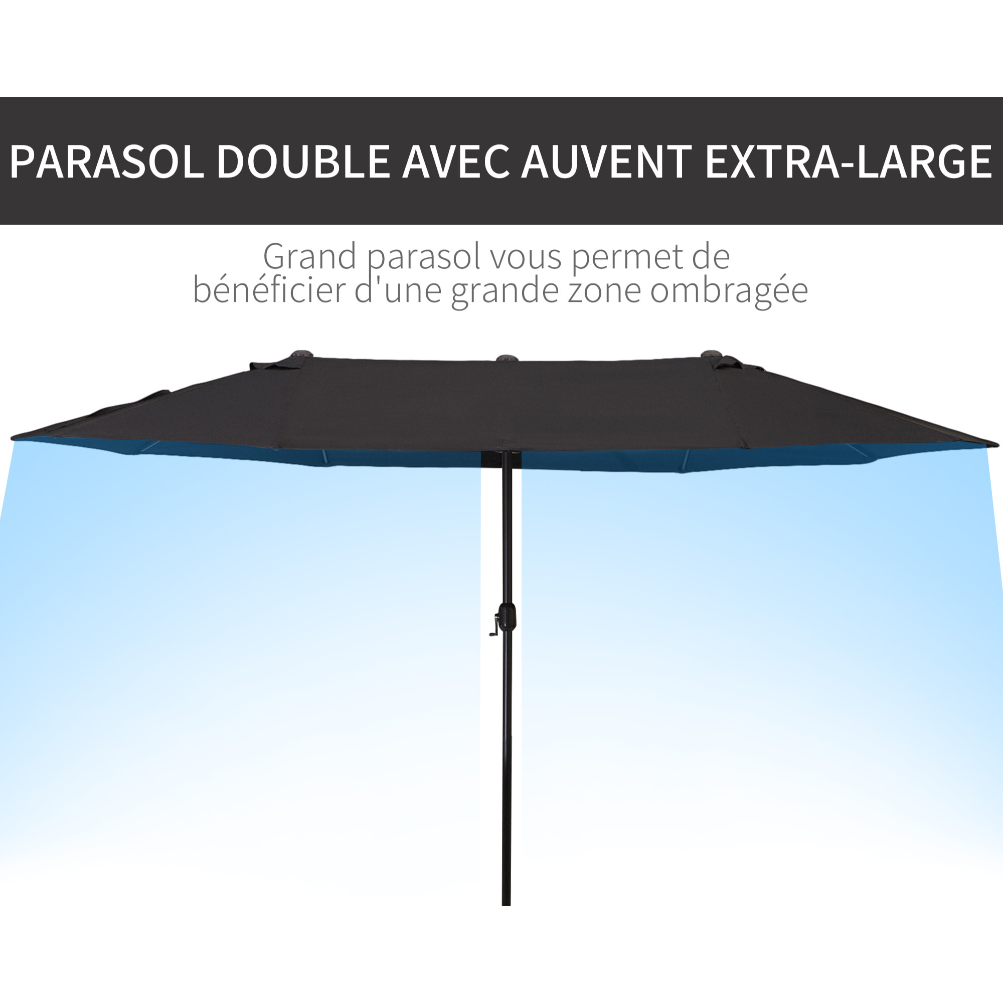 Parasol de jardin XXL parasol grande taille 4,6L x 2,7l x 2,4H m ouverture fermeture manivelle acier polyester haute densité noir