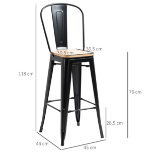 Lot de 4 tabourets de bar industriel avec dossier repose-pied hauteur assise 76 cm métal panneaux multicouches imitation bois clair