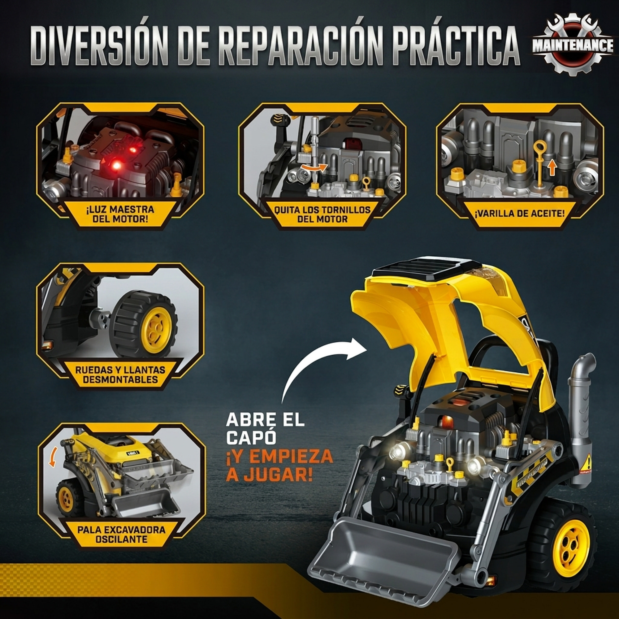 AIYAPLAY Juguete de Motor de Excavadora para Niños, Volante de Juguete con Vapor, Luces y Sonidos, Set de Reparación Mecánico Desmontable, Regalo Educativo para Niños y Niñas de 3-6 Años, Amarillo