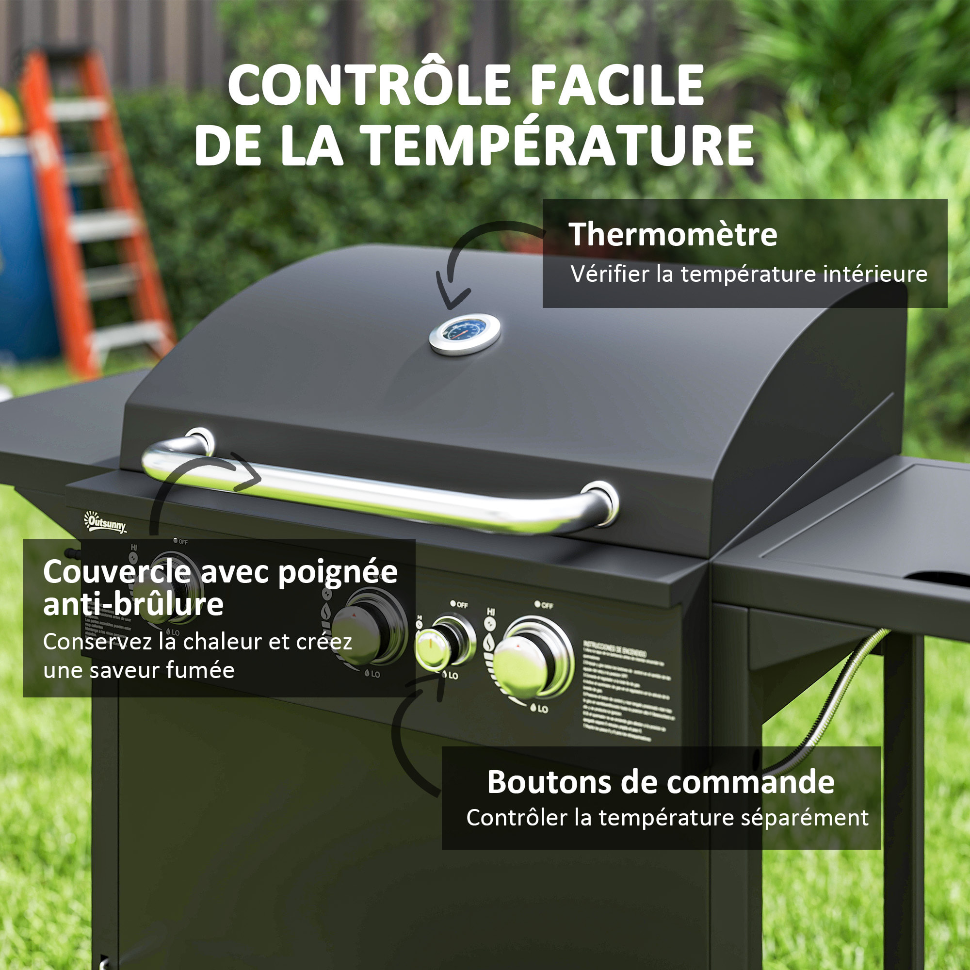 Barbecue gaz 3+1 brûleurs avec couvercle 2 roues - 9,5 kW - 2 grilles chromées, étagères latérales, thermomètre - noir
