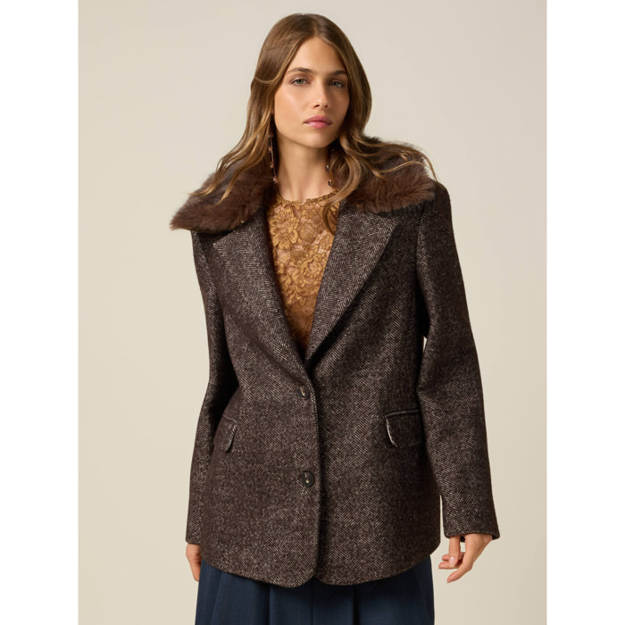 Oltre - Cappotto corto misto lana con collo removibile - Marrone