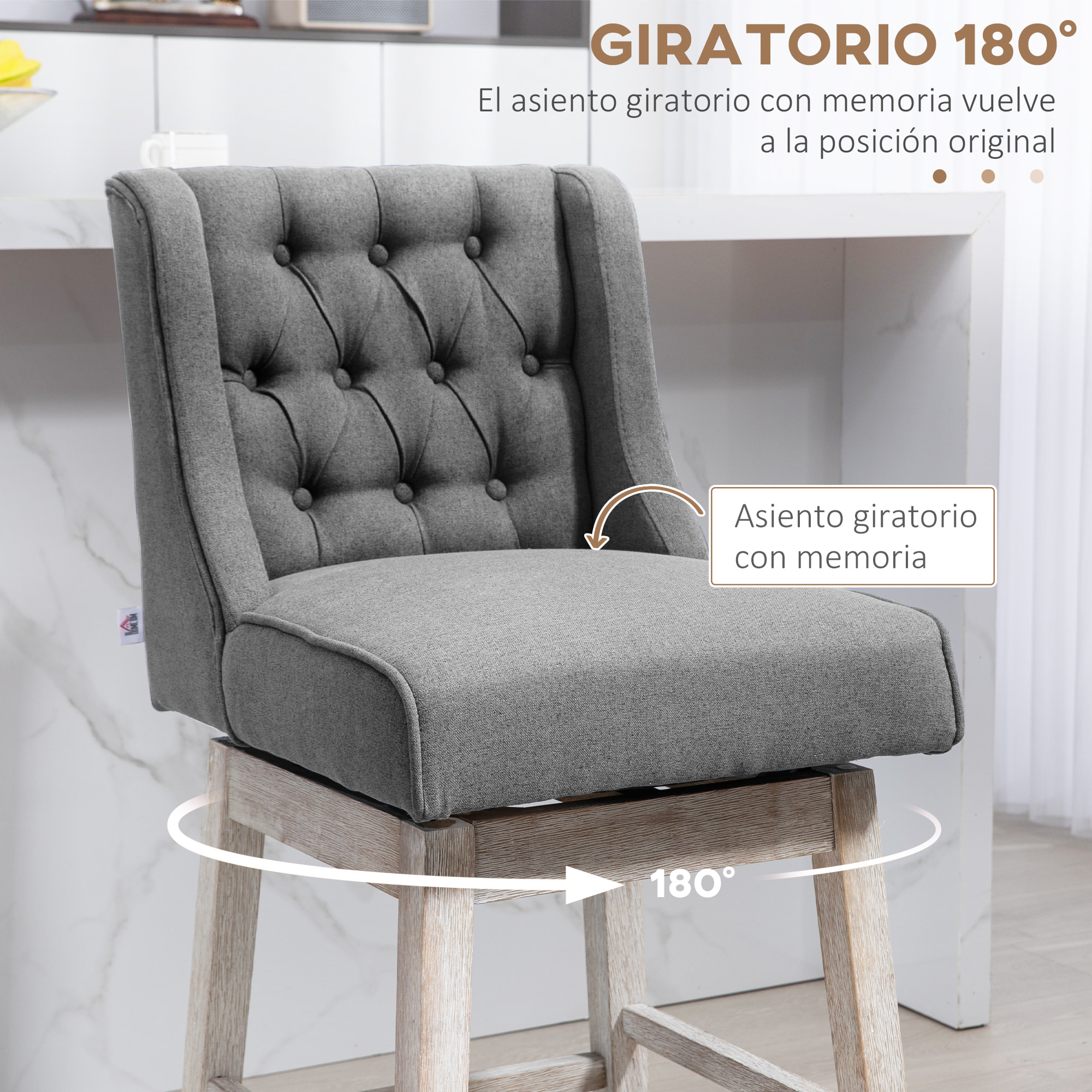 Juego de 2 Taburetes de Bar con Respaldo, Giratorios 180°, Taburetes Altos de Cocina con Reposapiés, Patas de Madera, para Salón, Comedor, Gris