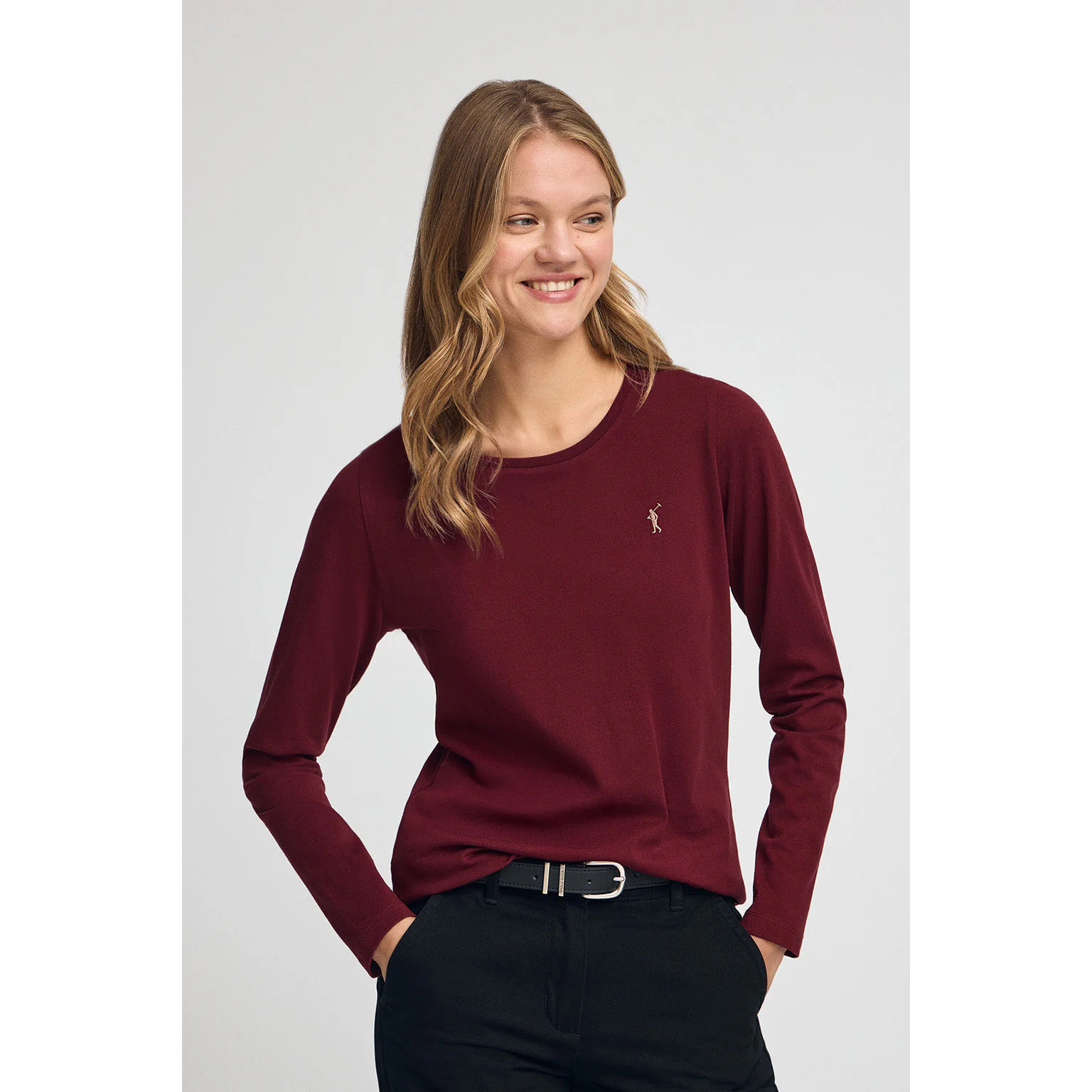 Camiseta granate de manga larga y cuello redondo con logo bordado Rigby Go