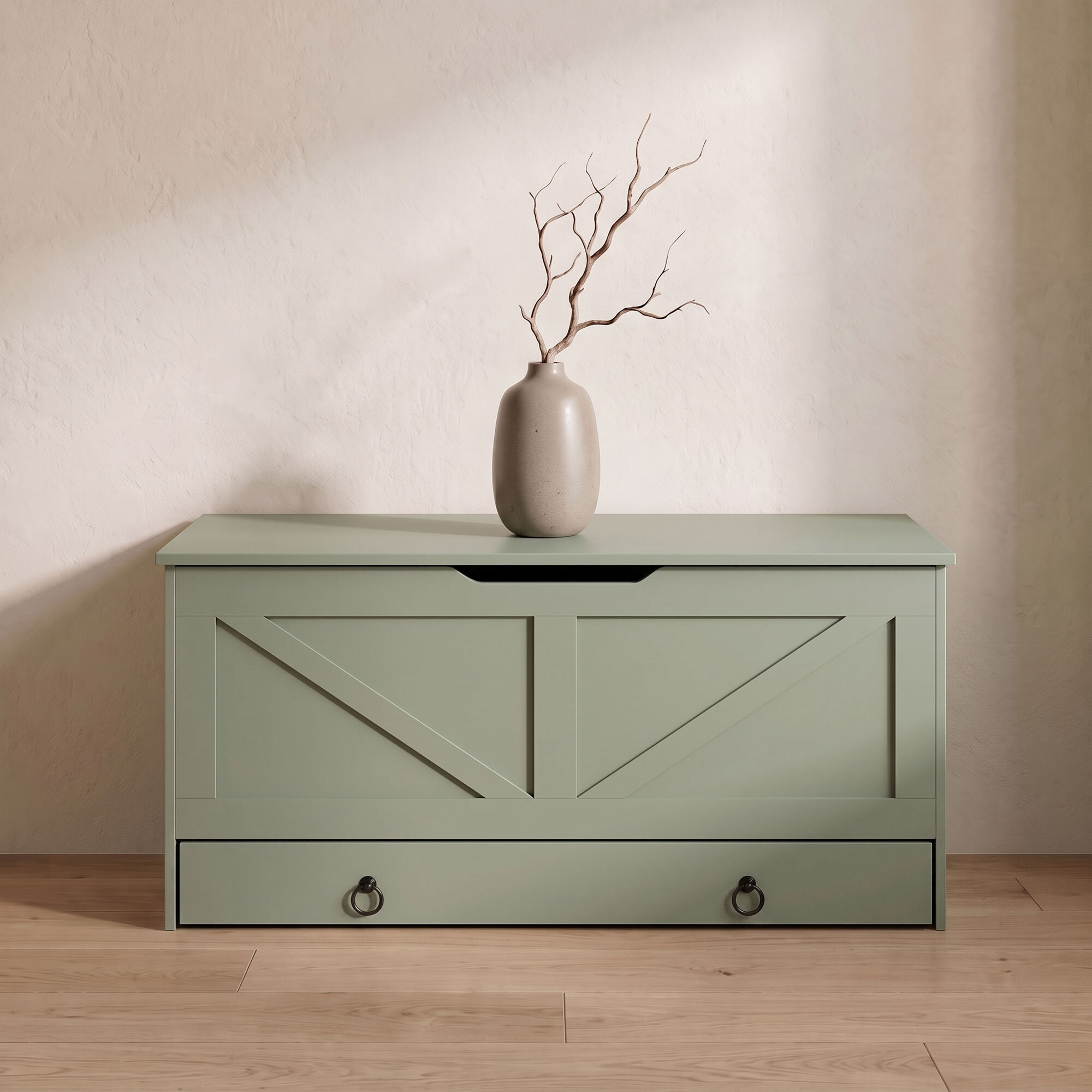 Kura - Cassapanca contenitore 100x50x40 cm Portaoggetti con Cerniere di Sicurezza e con Cassettiera in Legno Salvia