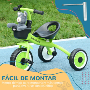 Triciclo para Niños de 2 a 5 Años Bicicleta Infantil con Asiento Ajustable Cesta Timbre Pedales y 3 Ruedas Carga 25 kg 70,5x53x58 cm Verde