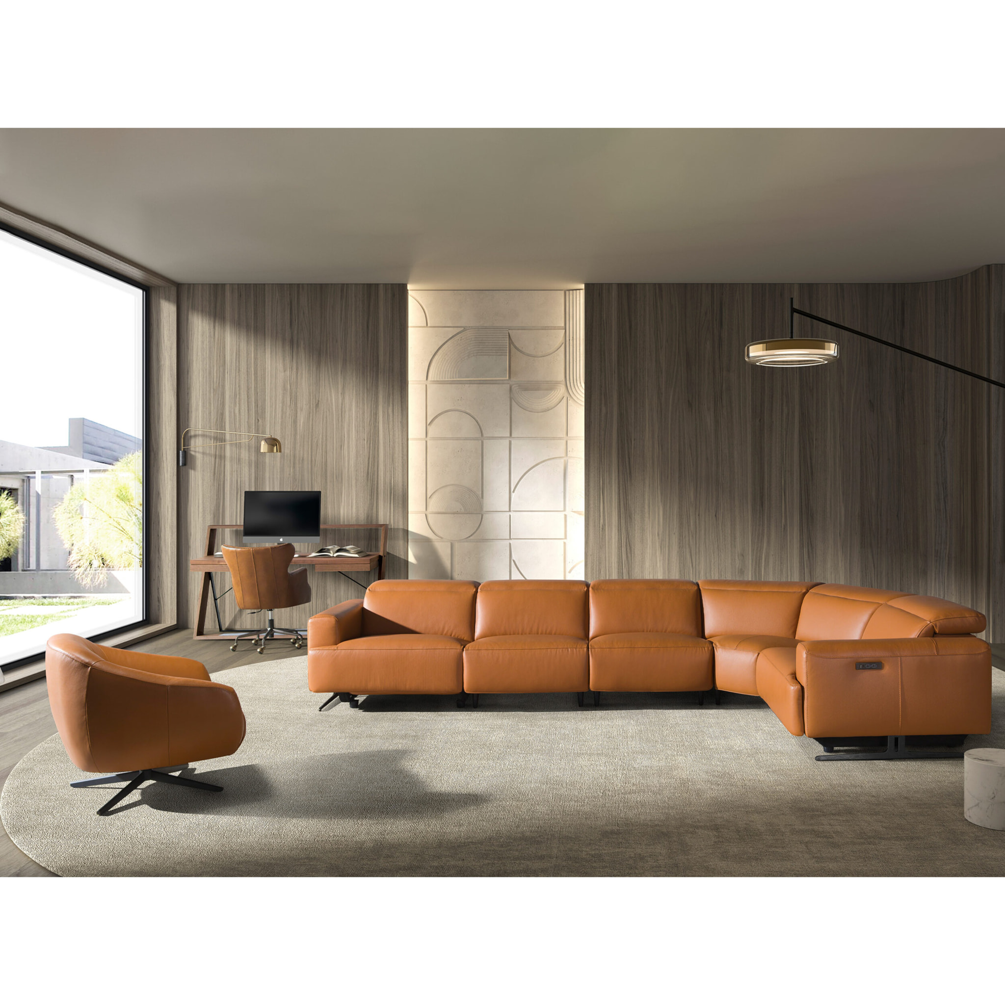 Sillón giratorio con asiento y respaldo tapizado en piel de origen vacuno en marrón oscuro patas en acero inoxidable oscurecido 64x74x90cm