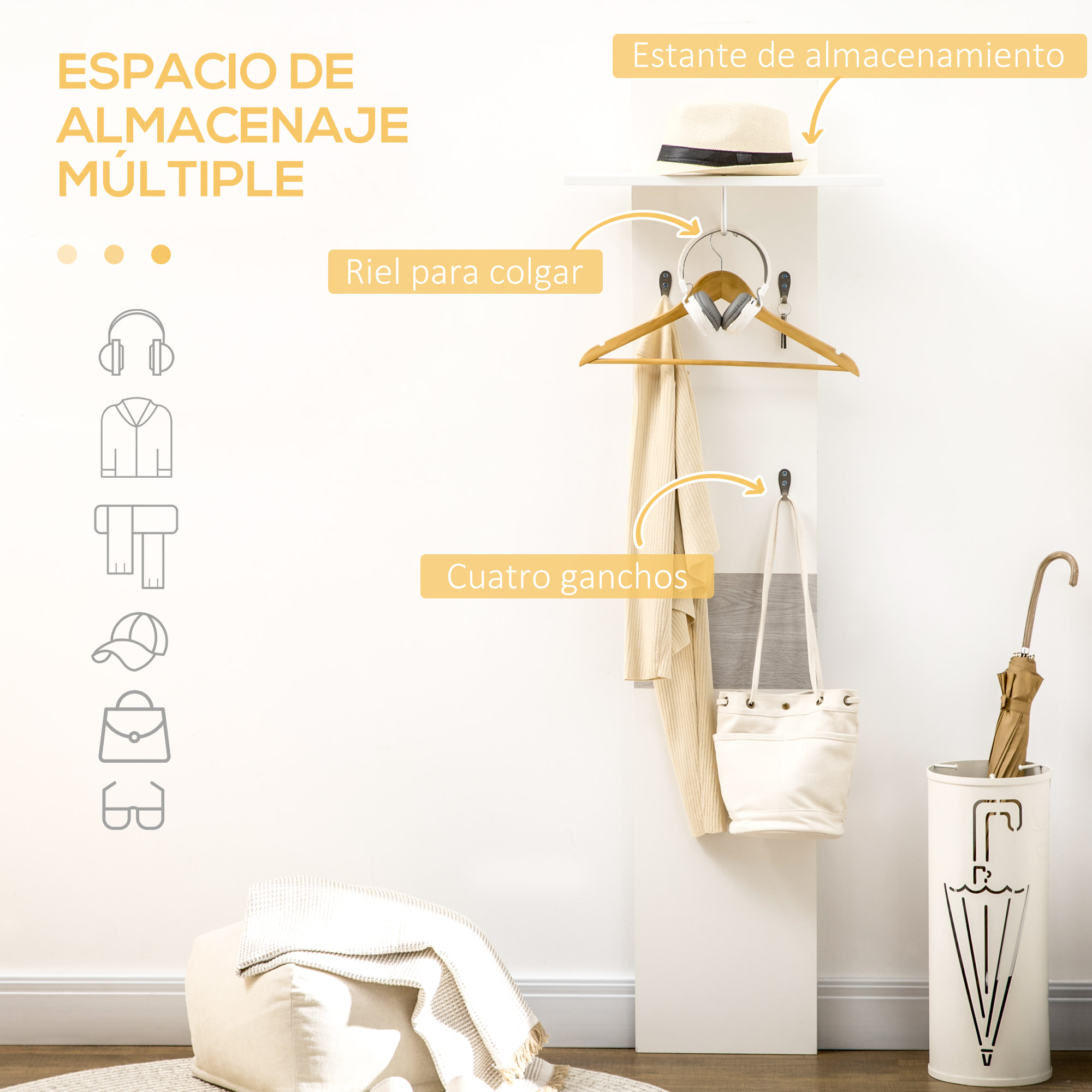 Perchero de Pared con 4 Ganchos Estante de Pared de Almacenamiento con Barra Colgante de Aluminio para Entrada Dormitorio Pasillo 50x23,5x160 cm Blanco