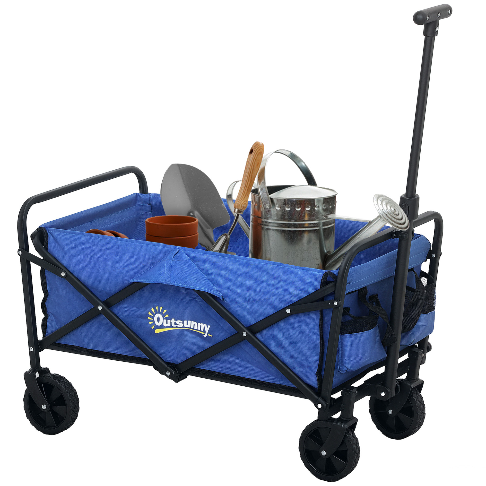 Carro Playa con Ruedas Carro de Jardín Plegable con Asa Telescópica Ajustable 2 Bolsas de Almacenaje Carga 120 kg Carrito Transporte para Todo Terreno Jardín Campaña Compra Azul