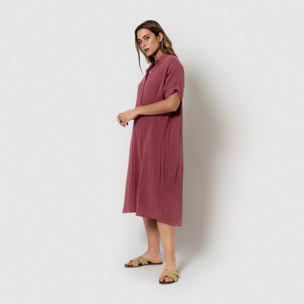 Vestido midi manga fluida muselina malva/rosa