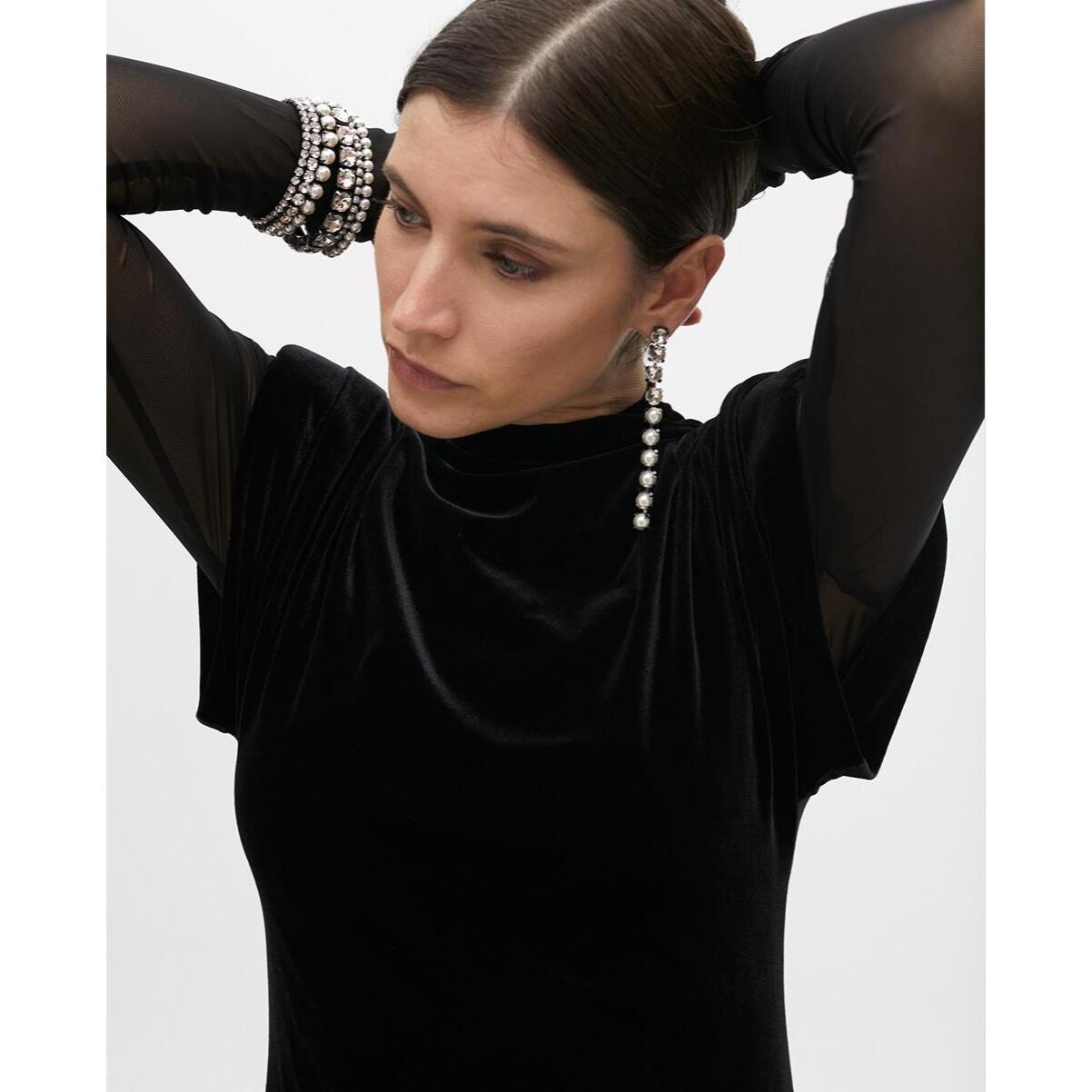 Vestito Lungo di Velluto con Maniche Trasparenti