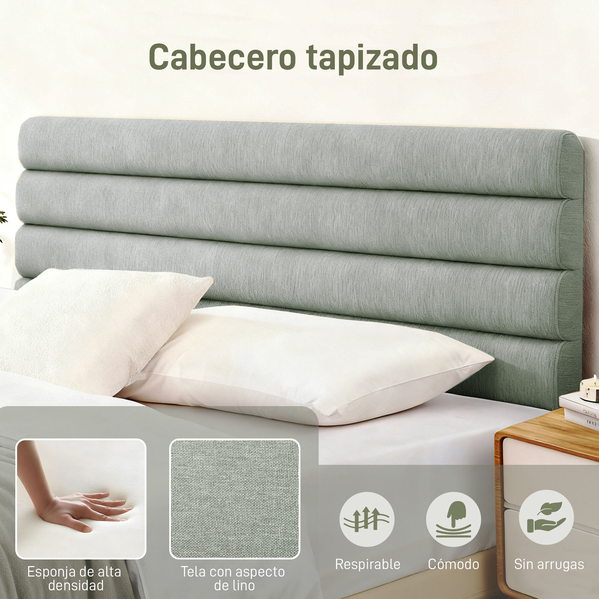 Cabecero de Cama 140 cm, Altura Ajustable 3 Niveles 106/116/126 cm, Cabezal de Cama Tapizado en Lino, Acolchado Linea, con Patas de Acero, Montado a la Pared, Cabecero para Dormitorio, Gris