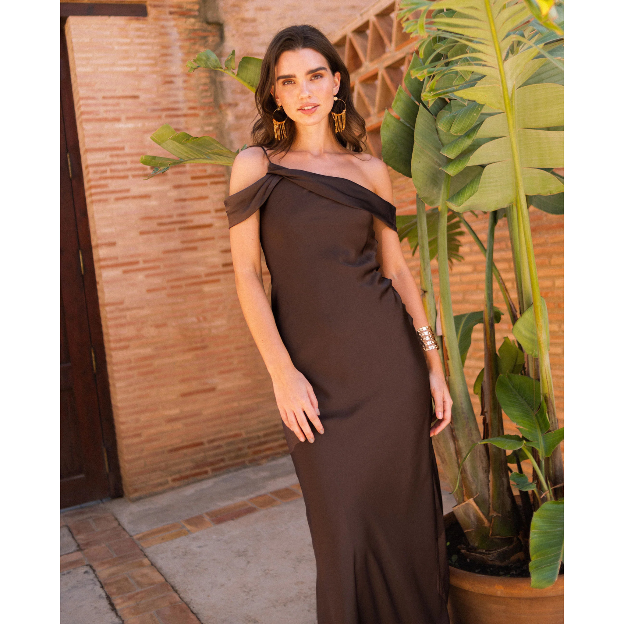 Vestido largo escote drapeado