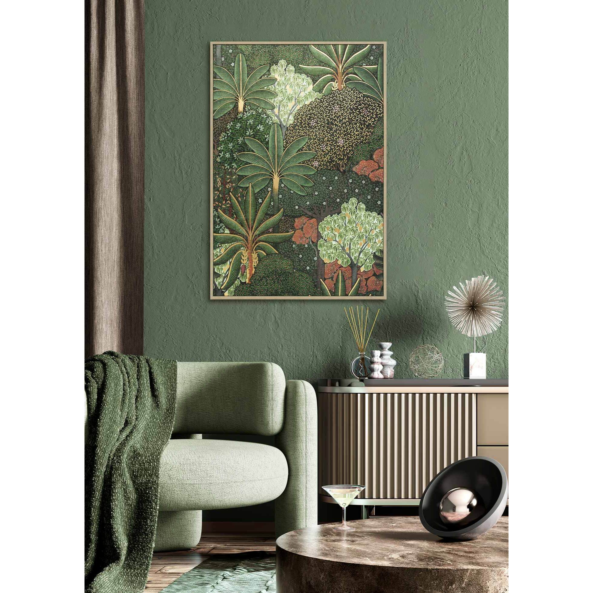 Cuadro Jungle poliéster verde-dorado 92x62x4 cm