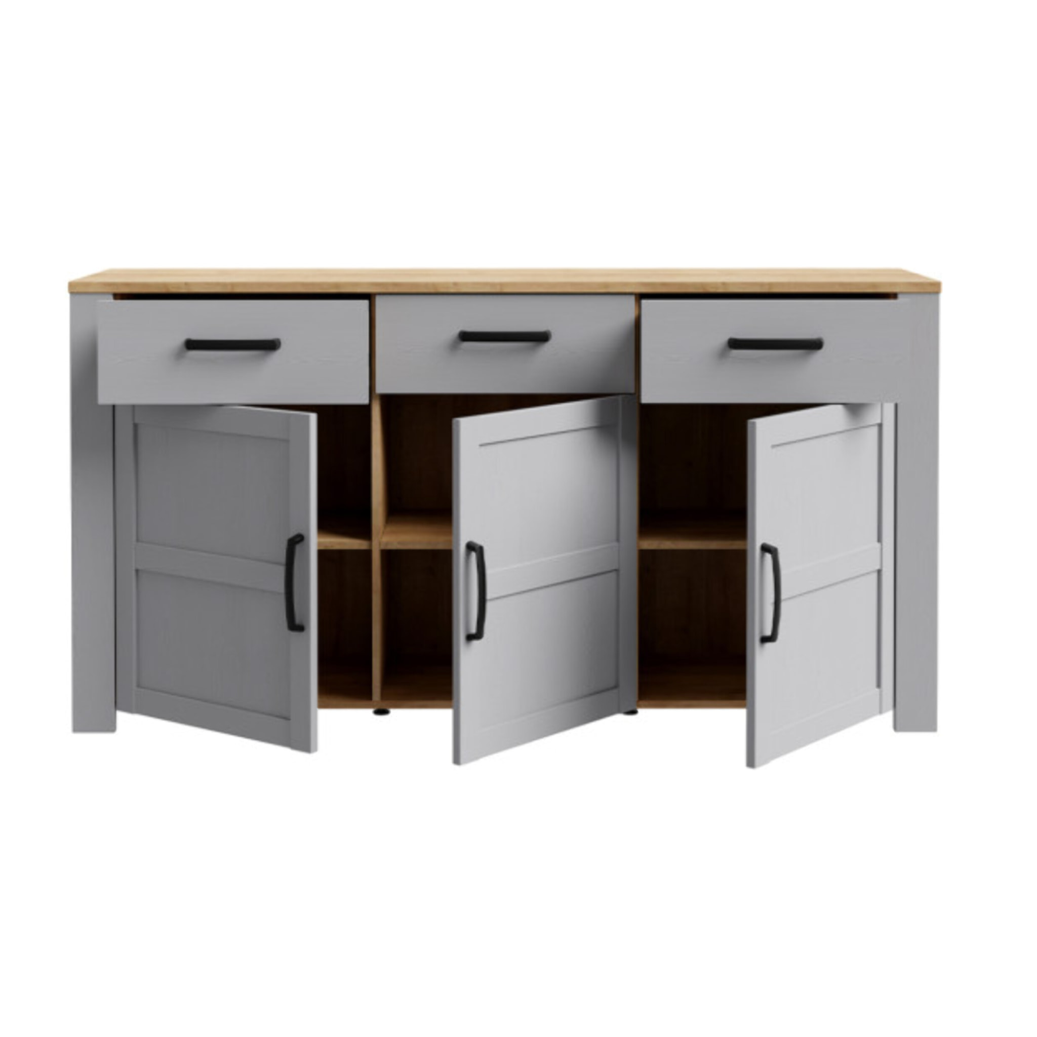 Buffet salon moderne bois gris 3 tiroirs 3 portes L166 cm - ST MALO