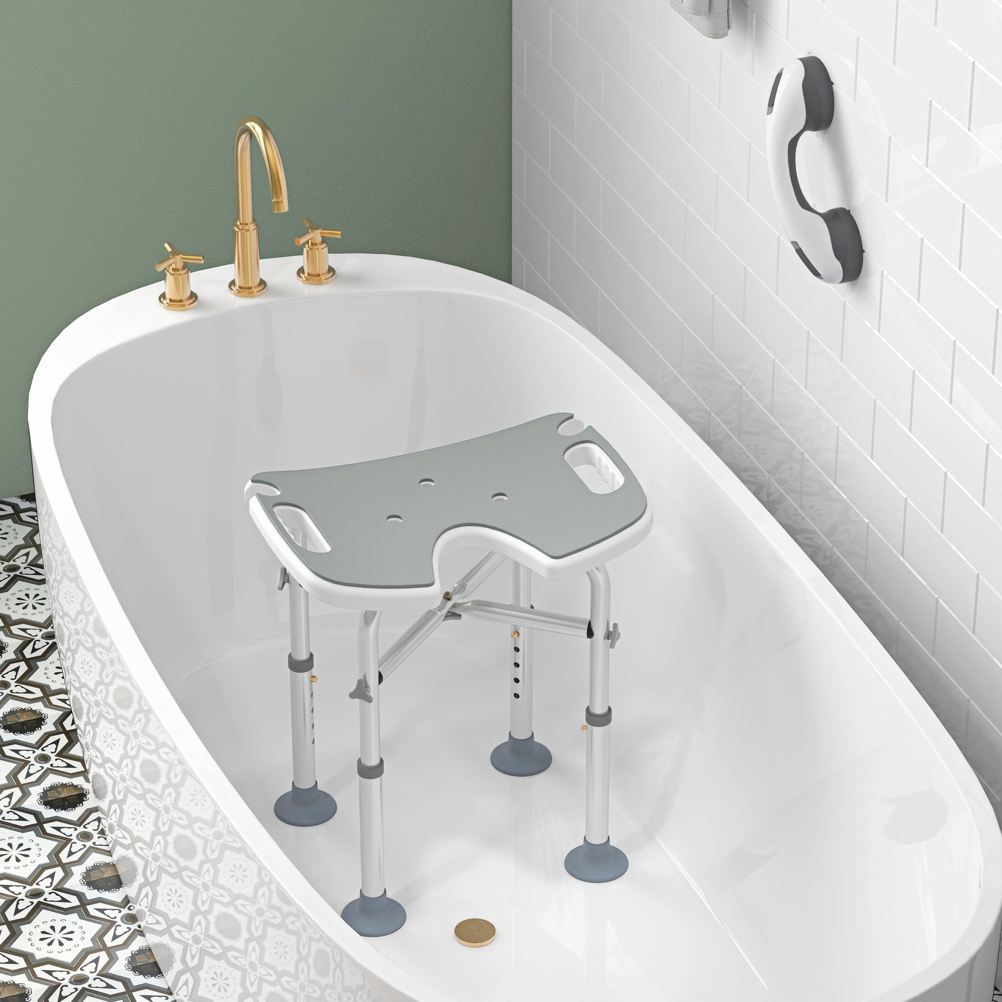 Tabouret de douche - siège de douche avec barre d'appui ventouse - hauteur réglable - alu HDPE gris blanc