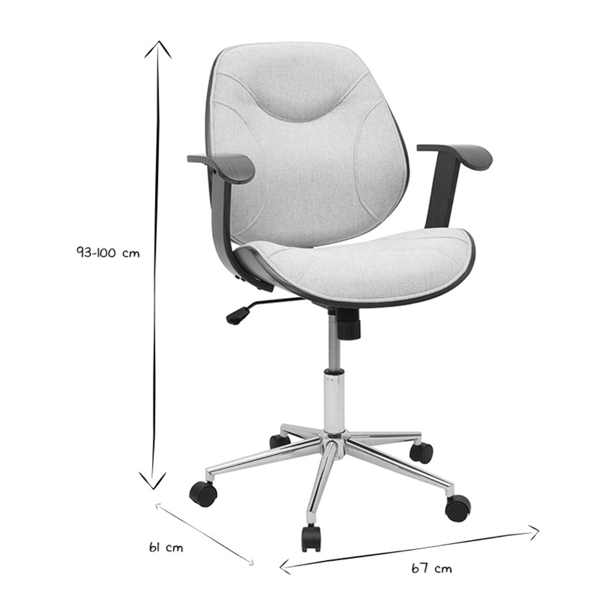 Chaise de bureau à roulettes design en tissu effet velours texturé beige, bois foncé et acier chromé YORKE