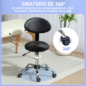 Taburete Giratorio Taburete con Ruedas y Respaldo Extraíble Taburete de Trabajo con Altura Regulable 83-98 cm Asiento Tapizado de Cuero Sintético Negro