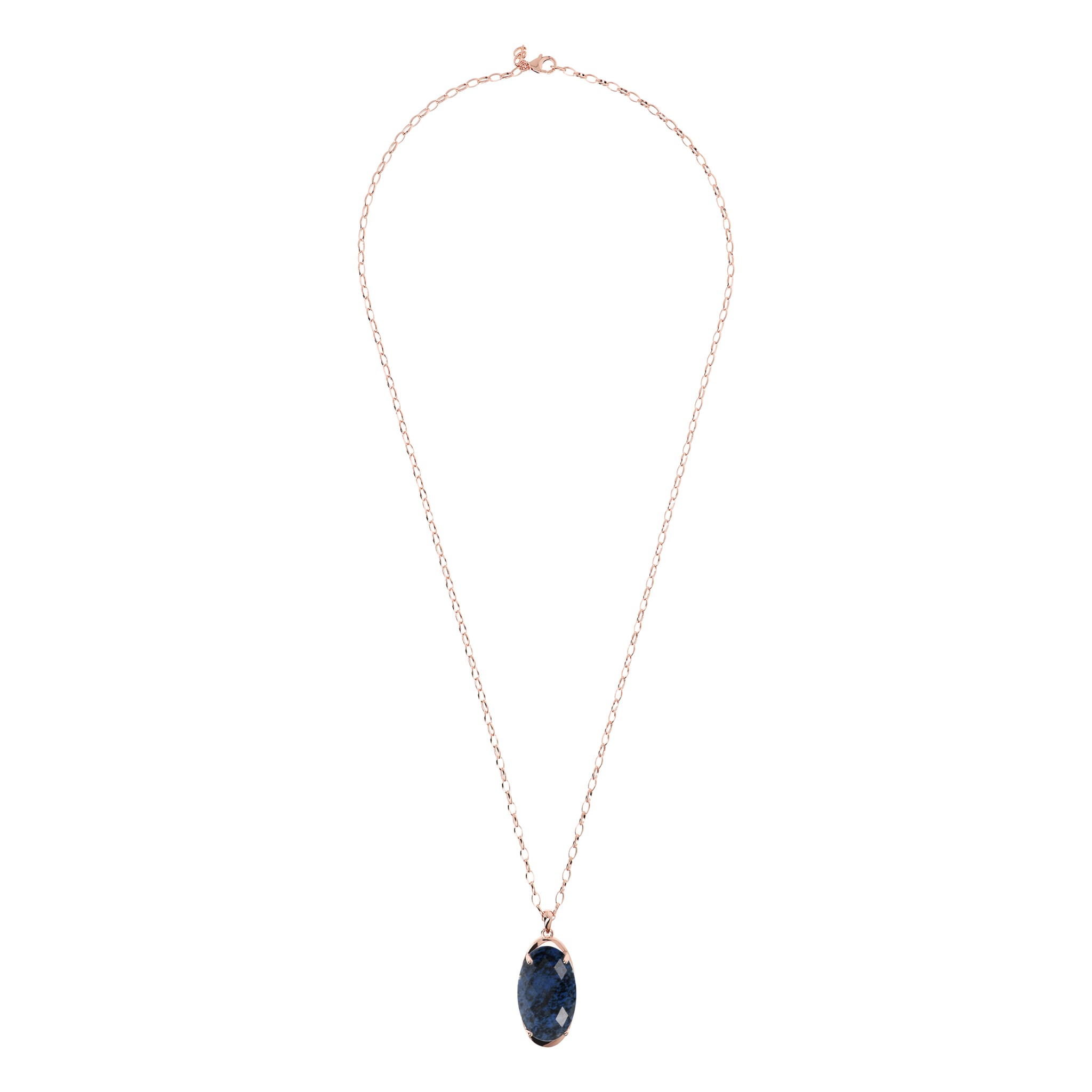 Collana Lunga Catena Rolo con Pendente in Pietra Naturale Ovale Dumortierite