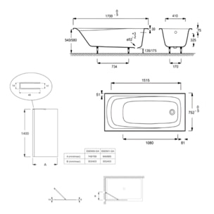 Pack baignoire droite 170 X 75 Brive + pare bain avec vidage chromé