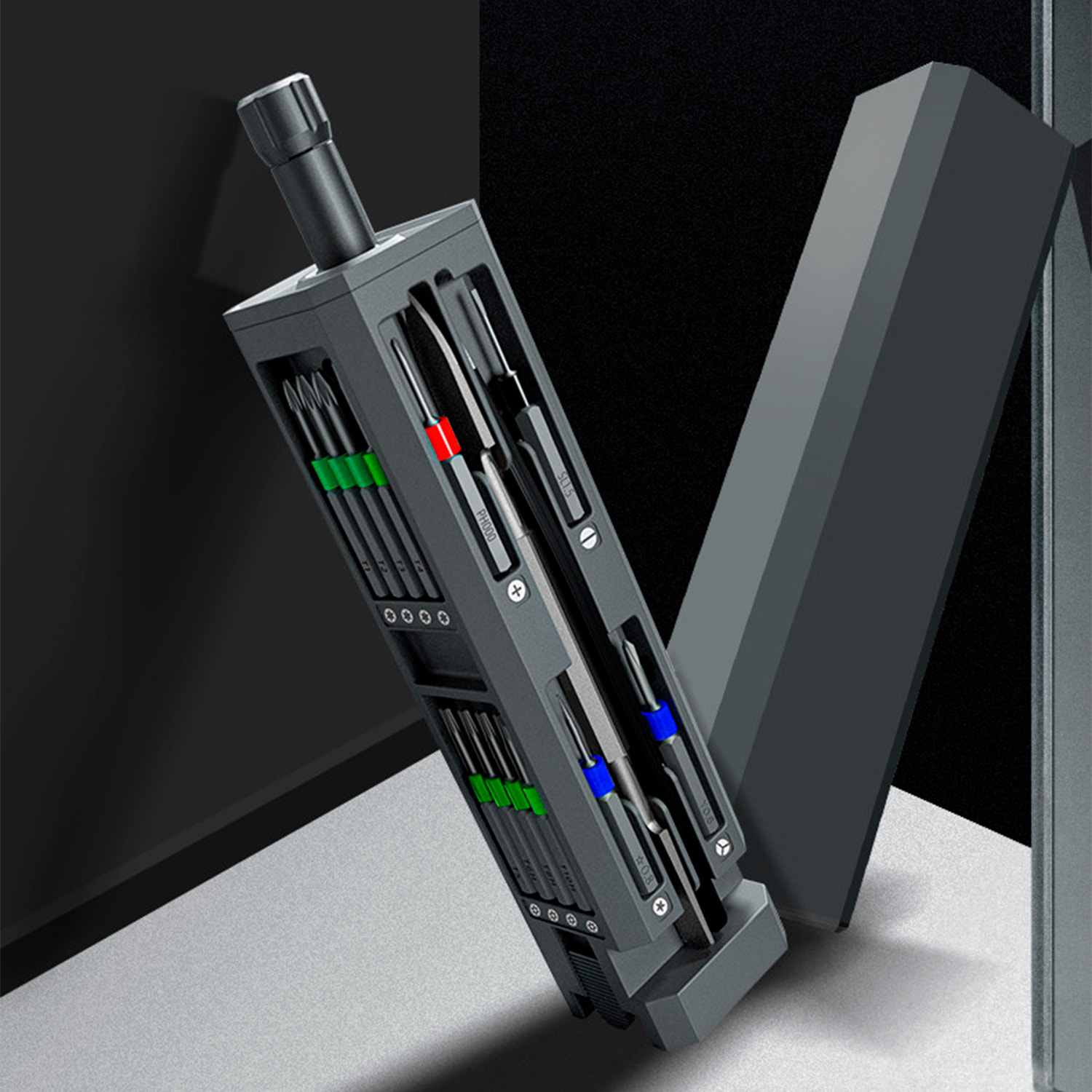 Juego de destornillador multifunción 31 en 1 con carcasa de aluminio y puntas de acero magnéticas.