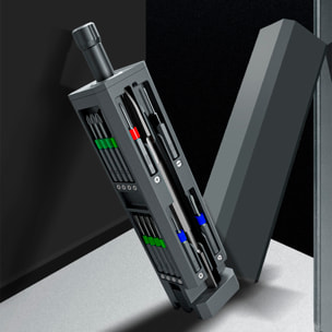 Juego de destornillador multifunción 31 en 1 con carcasa de aluminio y puntas de acero magnéticas.