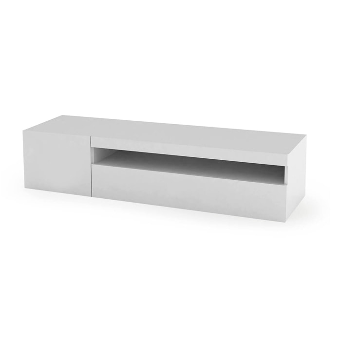 Mobile porta TV Ardy, Credenza bassa da soggiorno a 2 ante, Base porta televisione, 100% Made in Italy, cm 150x40h37, Bianco lucido, con luce LED