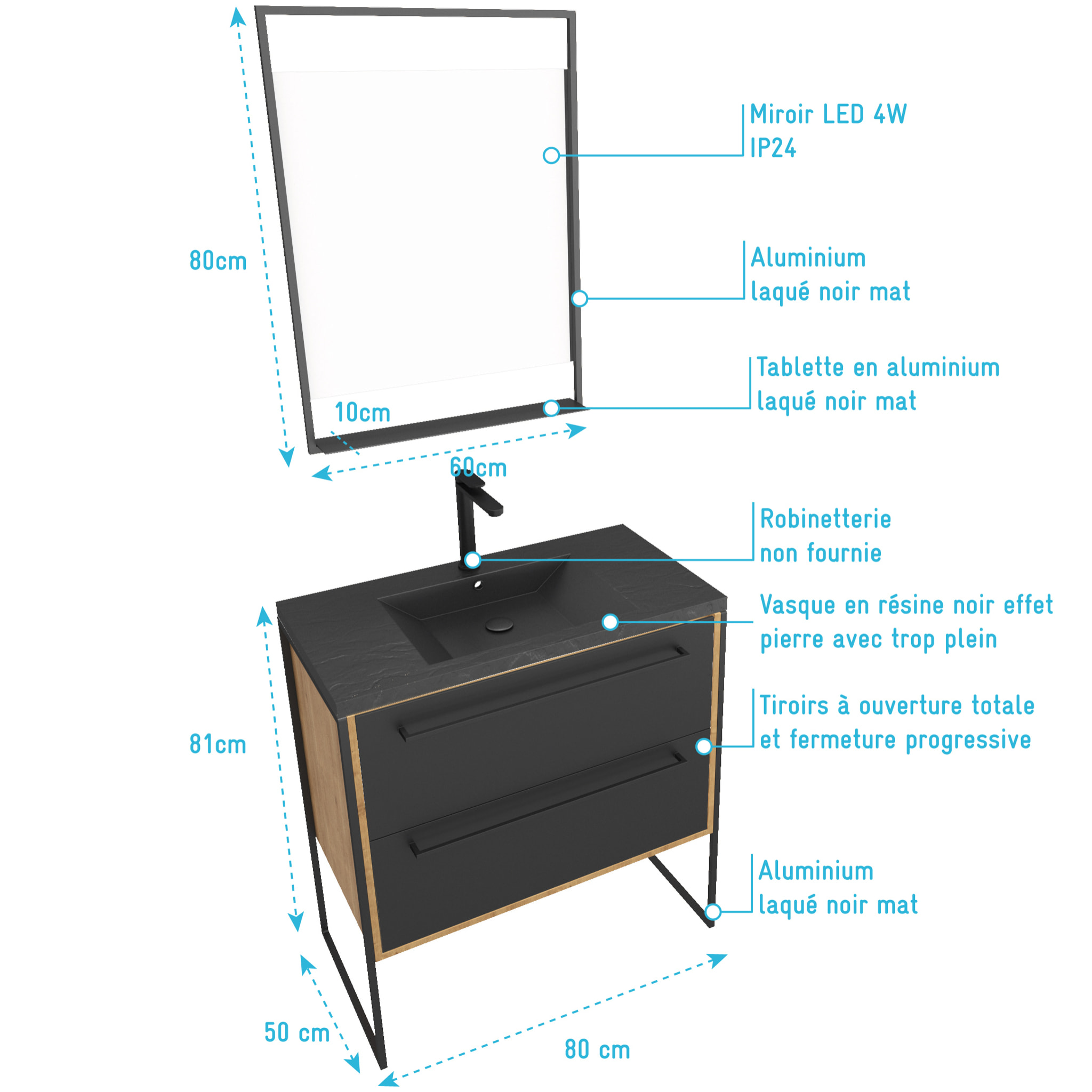 Meuble de salle de bain 80x50cm chene brun - 2 tiroirs - vasque resine noire effet pierre - miroir