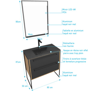 Meuble de salle de bain 80x50cm chene brun - 2 tiroirs - vasque resine noire effet pierre - miroir