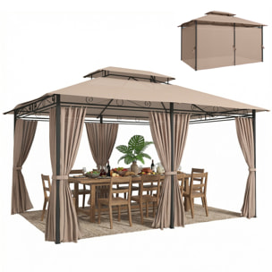 Cenador para Jardín 3x4 m, Pabellón de Jardín, Gazebo con Doble Techo, 6 Paredes Laterales, Estructura Metálica, Drenaje, Carpa para Exterior, Terraza, Patio, Caqui