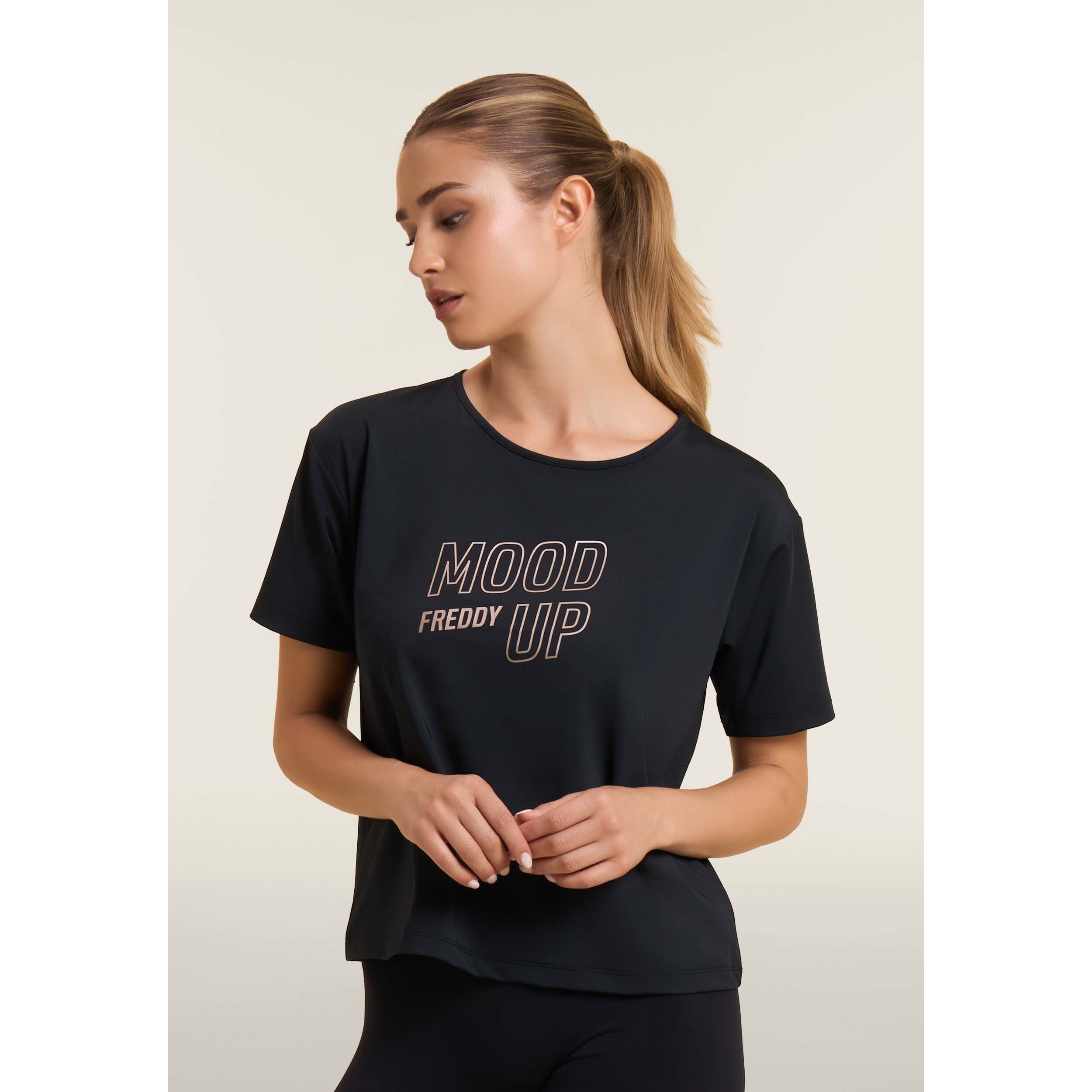 T-shirt cropped con maniche ampie e stampa Mood Up