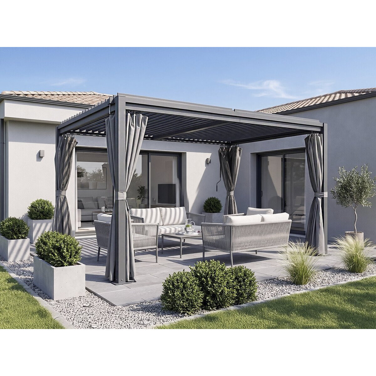 Pergola bioclimatique avec rideau et moustiquaire "Howard" - 3 x 4 m - Gris