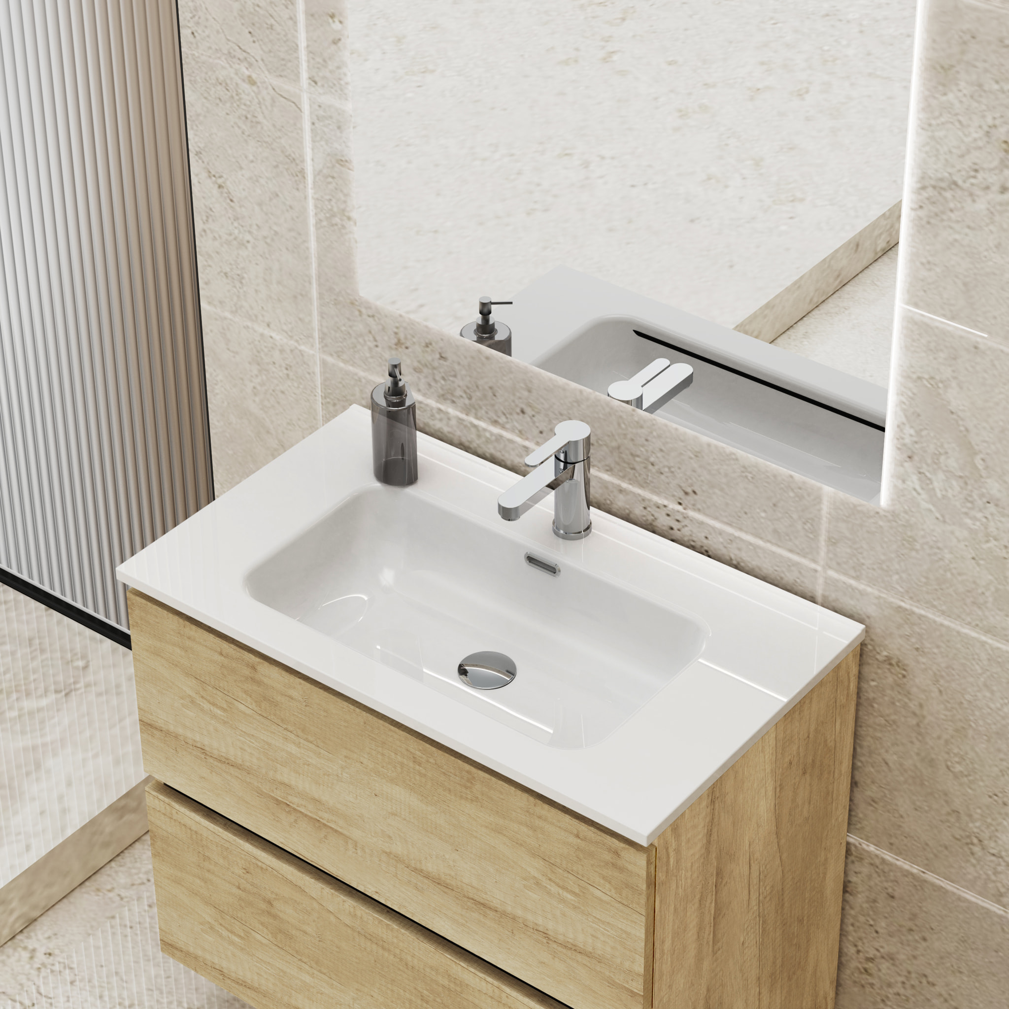 Ensemble de Salle de Bain Gloom | Meuble de Salle de Bain Suspendu | 80 cm Nature | Deux Tiroirs | Lavabo Encastré | Meuble Monté | Alday