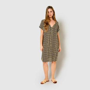 Vestido corto bambula detalles plisados oveta beige/negro