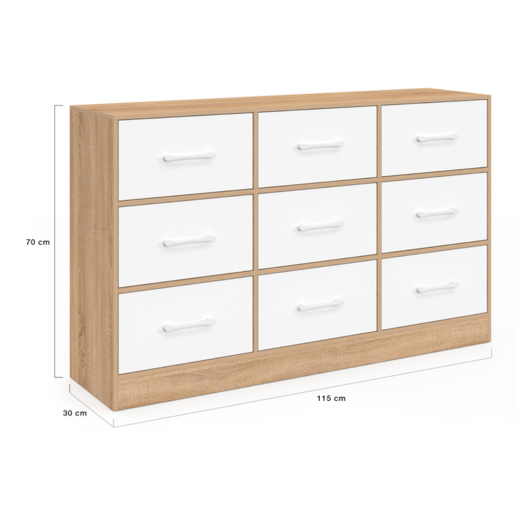 Commode Uma 9 tiroirs bois et blanc