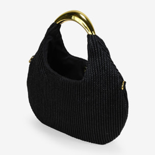 Bolso de mano negro en rafia con metal
