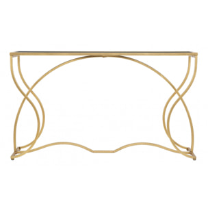 Console elegante, struttura in metallo dorato, con ripiano in vetro temprato, colore oro, Misure 40 x 75 x 130 cm