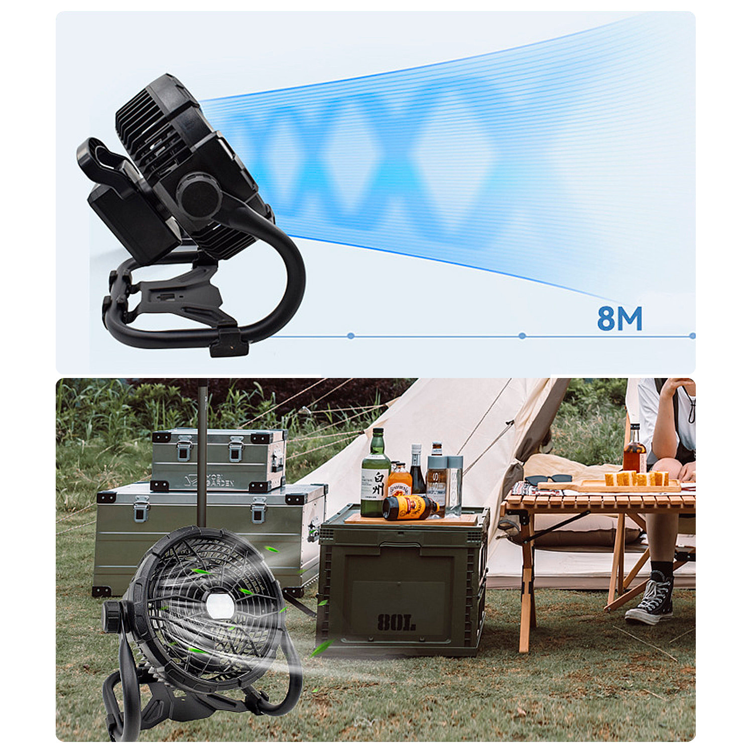 Ventilatore esterno X45 con luce LED, 18W e velocità regolabile. Appendi o in piedi, angolo regolabile e powerbank di 14400 mAh.